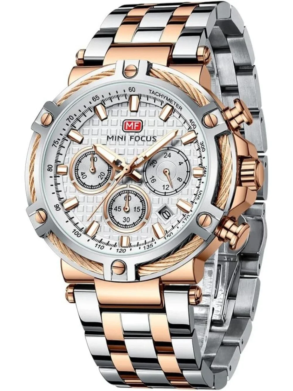 Men's Silver Rose Chronograph Big Face Stainless Steel Band Waterproof Watch